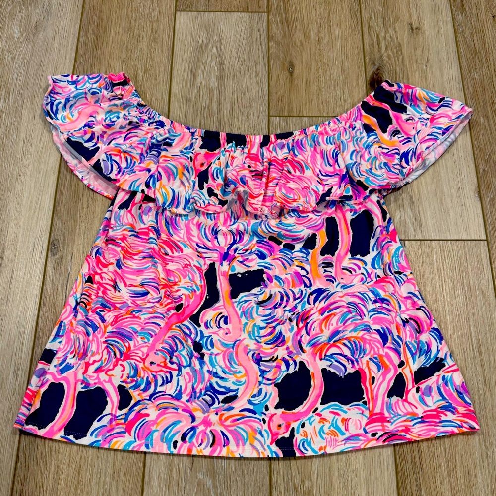 LILLY PULITZER | La Fortuna Off The Shoulder Flounce Top Flamingo Pattern Large